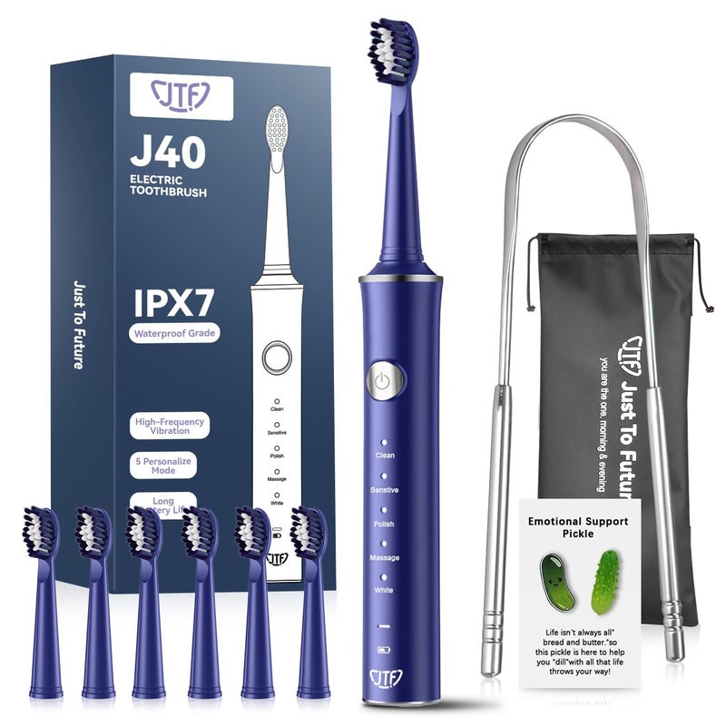 JTF Sonic Electric Toothbrush for Adults 6 Brush Heads Travel Bag Tongue Scraper 5 Brushing Modes for Teeth Smart Timer and IPX7 Waterproof Rechargeable Toothbrush for Deep Cleaning Whitening